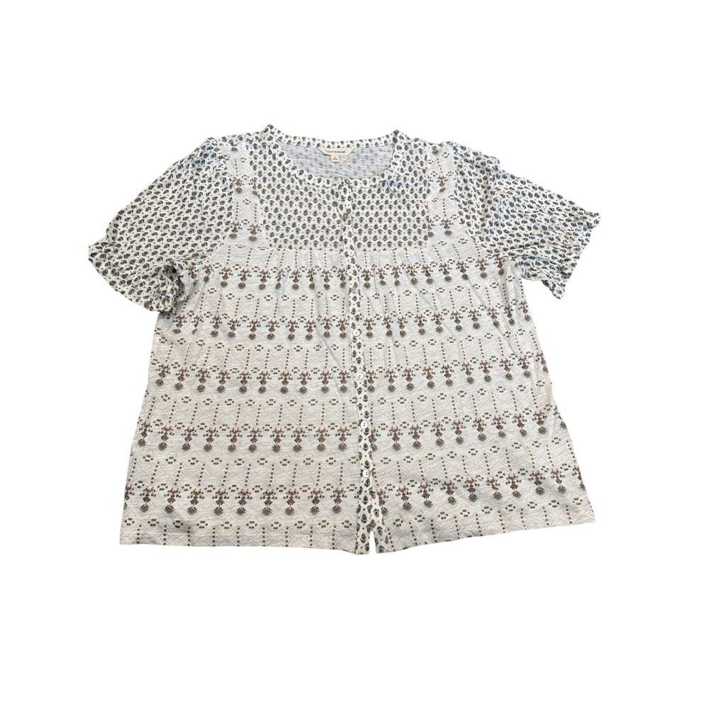 Lucky Brand Women White Green Boho Print Button Front Short Sleeve Blouse Large